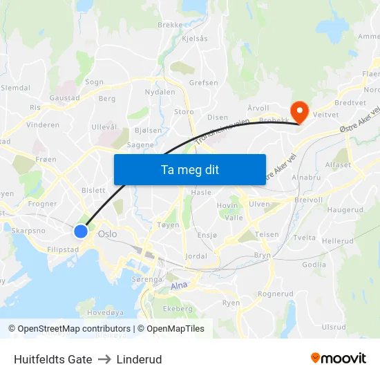 Huitfeldts Gate to Linderud map