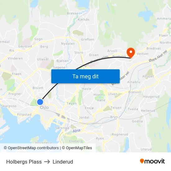 Holbergs Plass to Linderud map