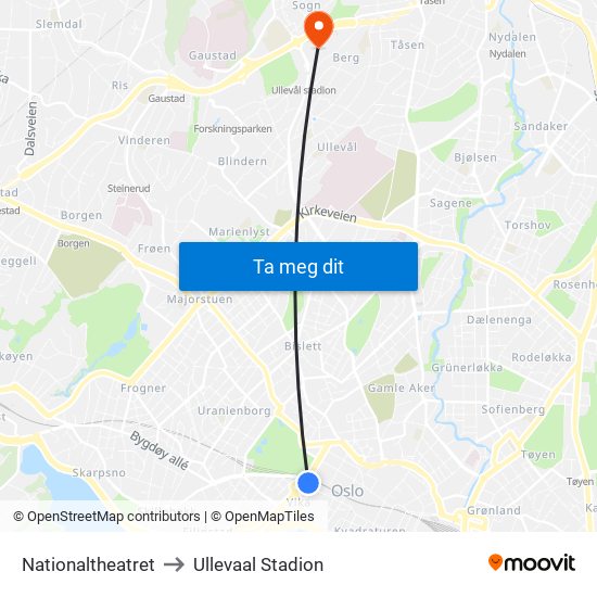 Nationaltheatret to Ullevaal Stadion map