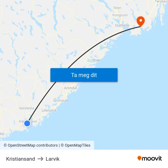 Kristiansand to Larvik map