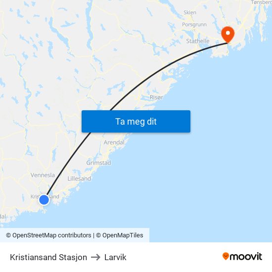 Kristiansand Stasjon to Larvik map