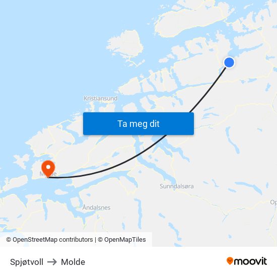 Spjøtvoll to Molde map