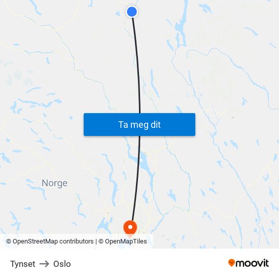 Tynset to Oslo map