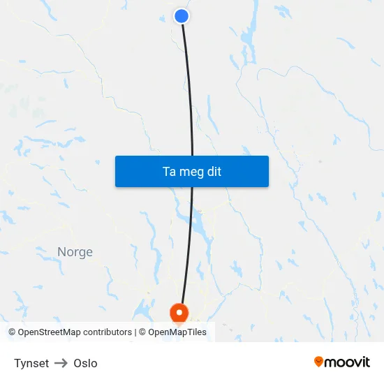 Tynset to Oslo map