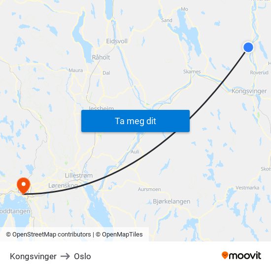 Kongsvinger to Oslo map