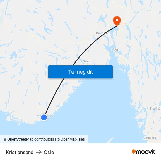 Kristiansand to Oslo map