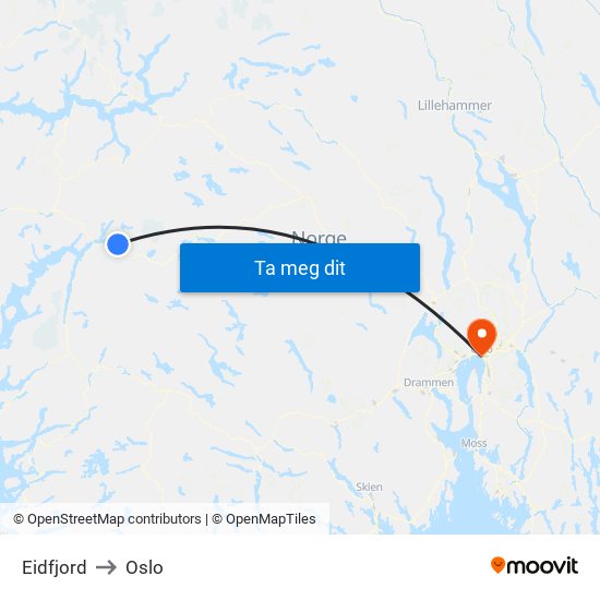 Eidfjord to Oslo map