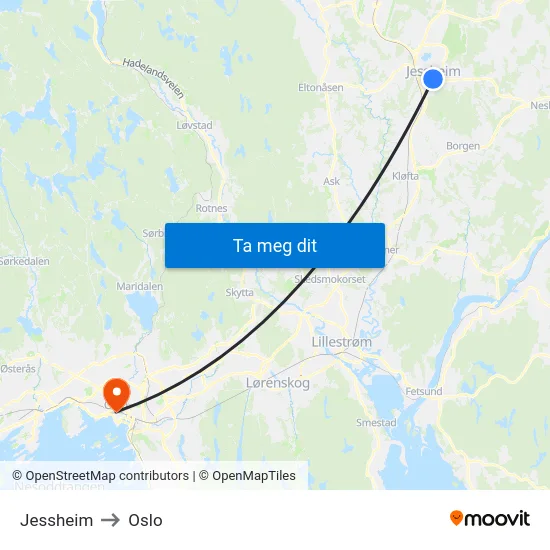 Jessheim to Oslo map