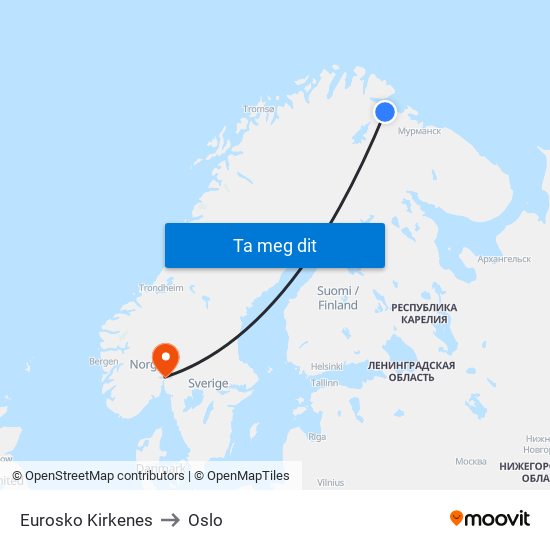 Eurosko Kirkenes to Oslo map