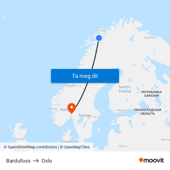 Bardufoss to Oslo map
