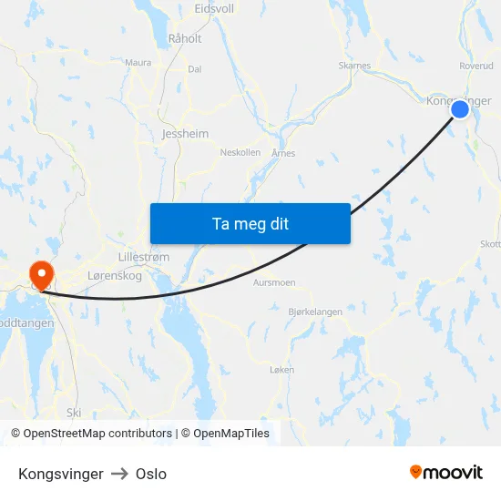 Kongsvinger to Oslo map