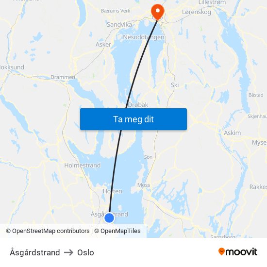 Åsgårdstrand to Oslo map