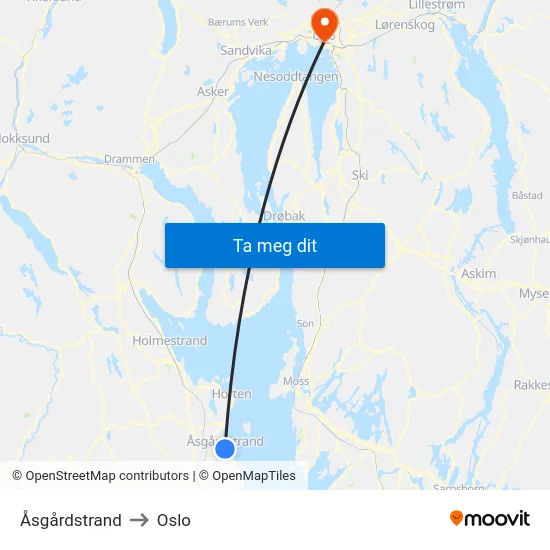 Åsgårdstrand to Oslo map