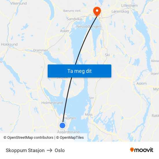 Skoppum Stasjon to Oslo map