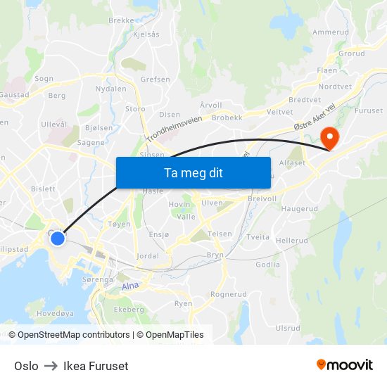 Oslo to Ikea Furuset map