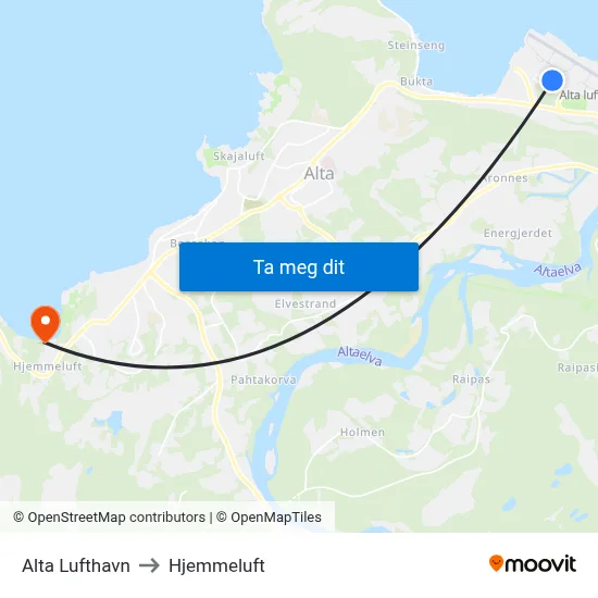 Alta Lufthavn to Hjemmeluft map