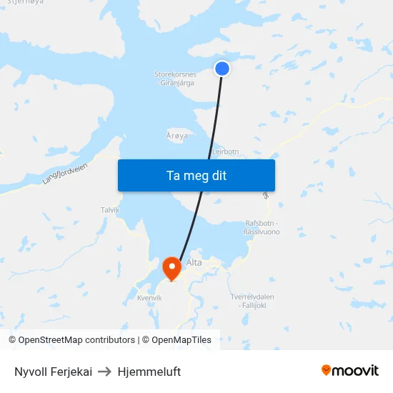 Nyvoll Ferjekai to Hjemmeluft map