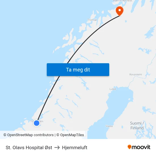St. Olavs Hospital Øst to Hjemmeluft map