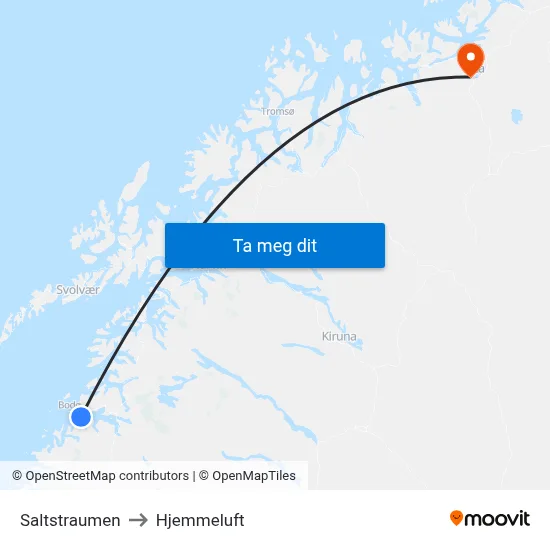 Saltstraumen to Hjemmeluft map