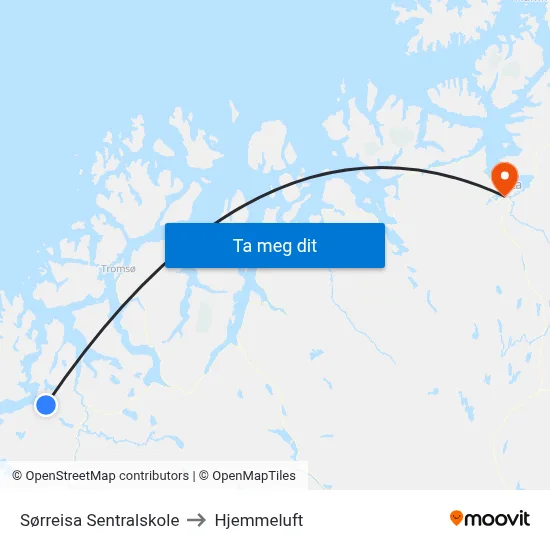Sørreisa Sentralskole to Hjemmeluft map