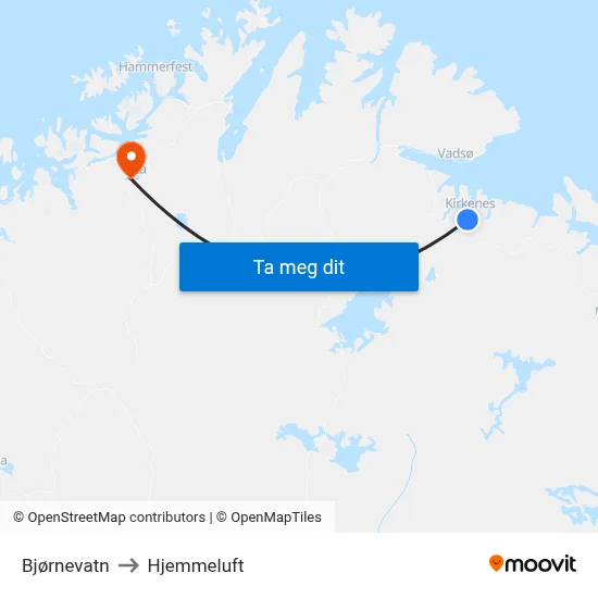 Bjørnevatn to Hjemmeluft map