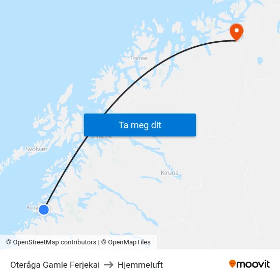 Oteråga Gamle Ferjekai to Hjemmeluft map