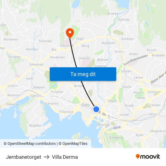 Jernbanetorget to Villa Derma map