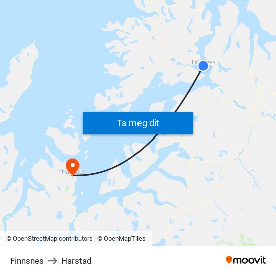 Finnsnes to Harstad map