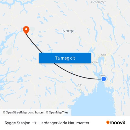 Rygge Stasjon to Hardangervidda Natursenter map