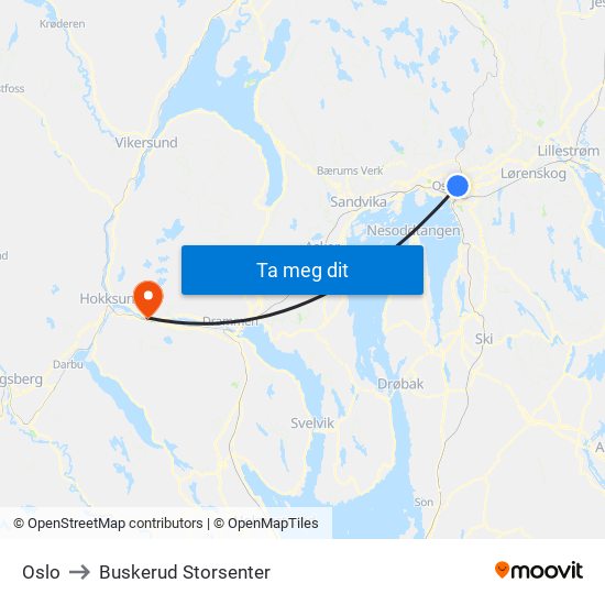 Oslo to Buskerud Storsenter map