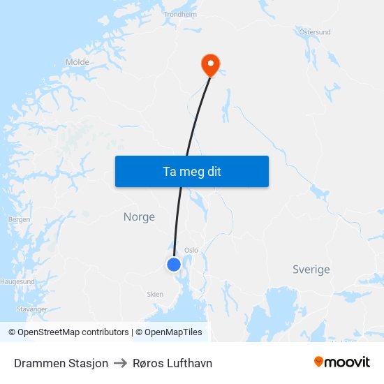 Drammen Stasjon to Røros Lufthavn map