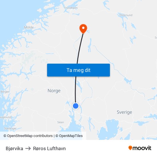 Bjørvika to Røros Lufthavn map