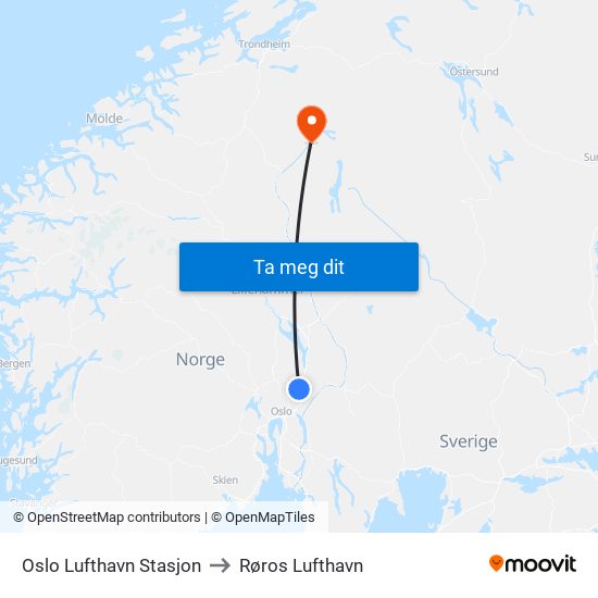 Oslo Lufthavn Stasjon to Røros Lufthavn map