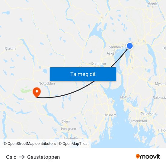 Oslo to Gaustatoppen map