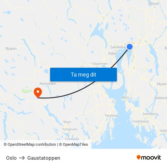 Oslo to Gaustatoppen map