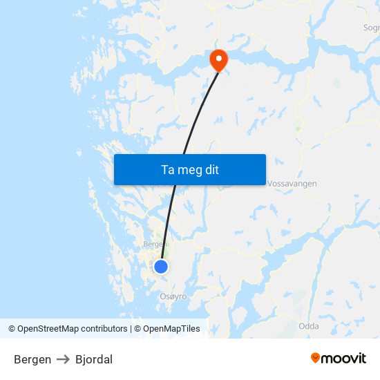 Bergen to Bjordal map