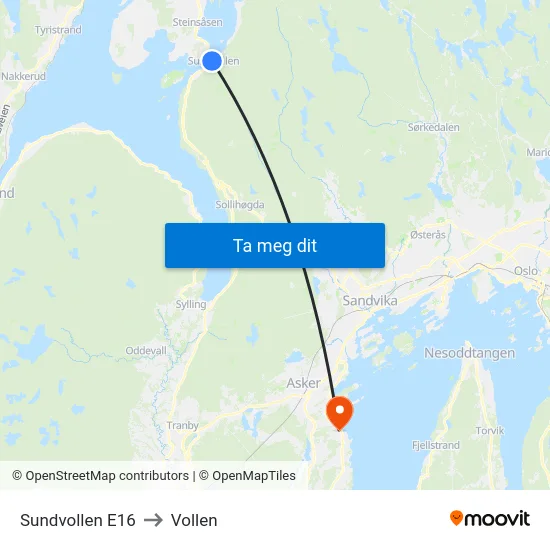Sundvollen E16 to Vollen map