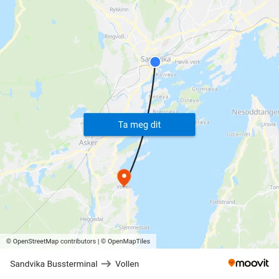 Sandvika Bussterminal to Vollen map