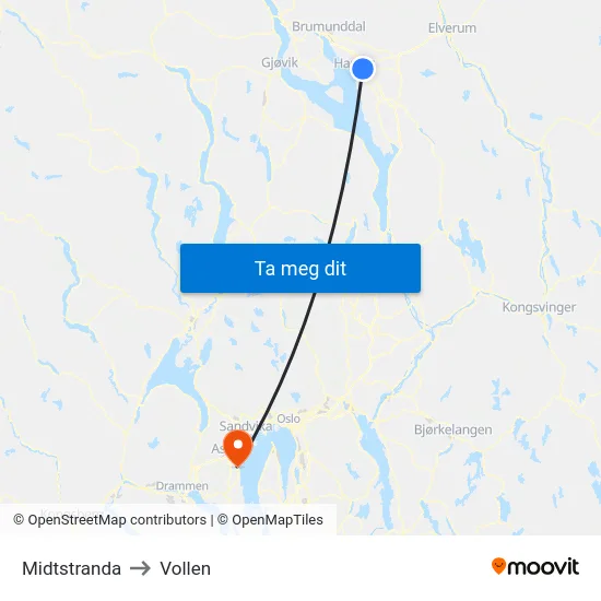 Midtstranda to Vollen map