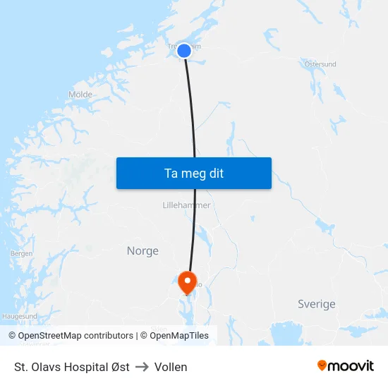 St. Olavs Hospital Øst to Vollen map