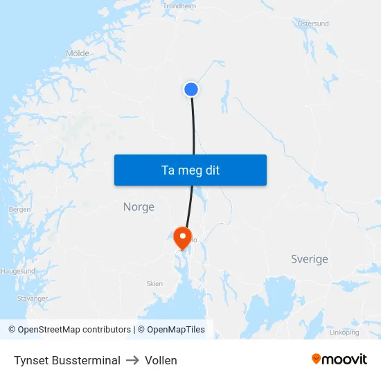 Tynset Bussterminal to Vollen map