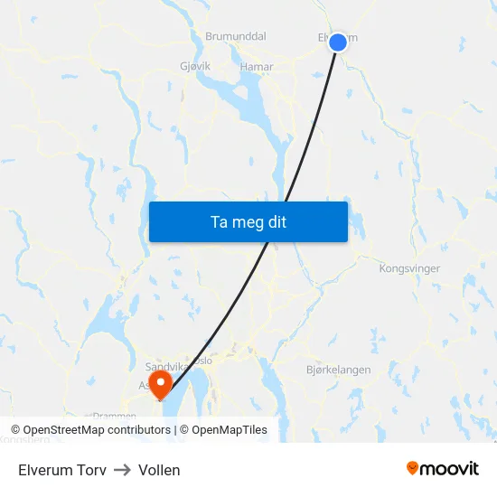 Elverum Torv to Vollen map