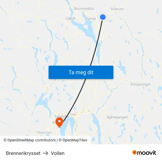 Brennerikrysset to Vollen map