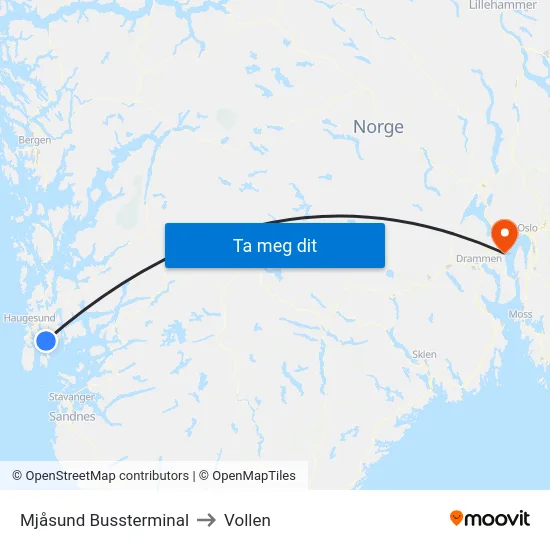 Mjåsund Bussterminal to Vollen map
