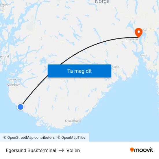 Egersund Bussterminal to Vollen map