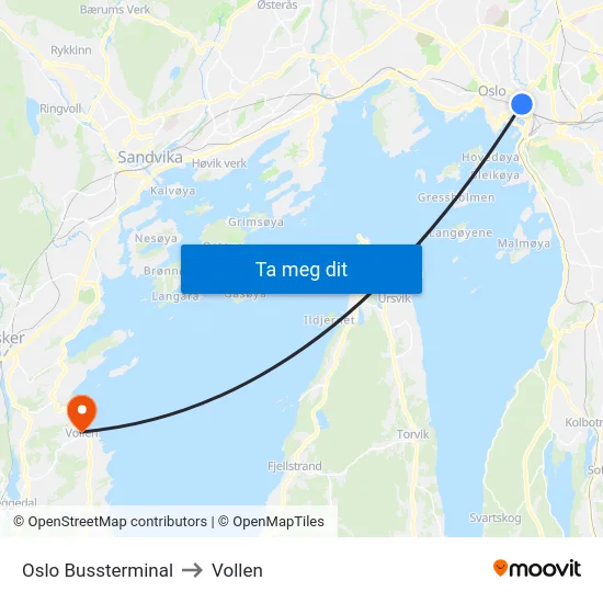 Oslo Bussterminal to Vollen map