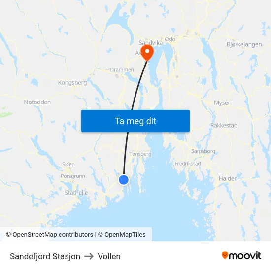 Sandefjord Stasjon to Vollen map