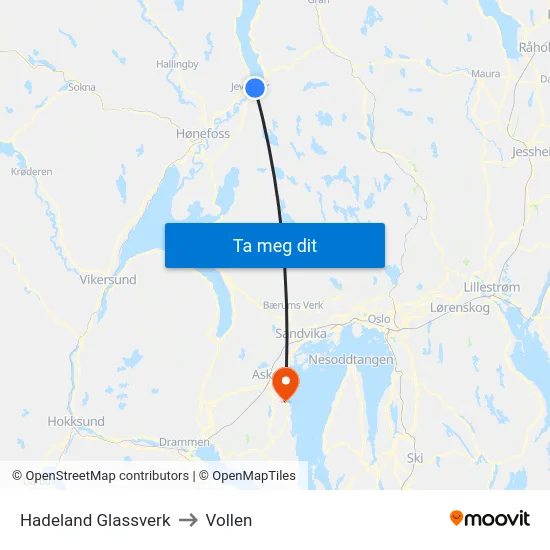 Hadeland Glassverk to Vollen map