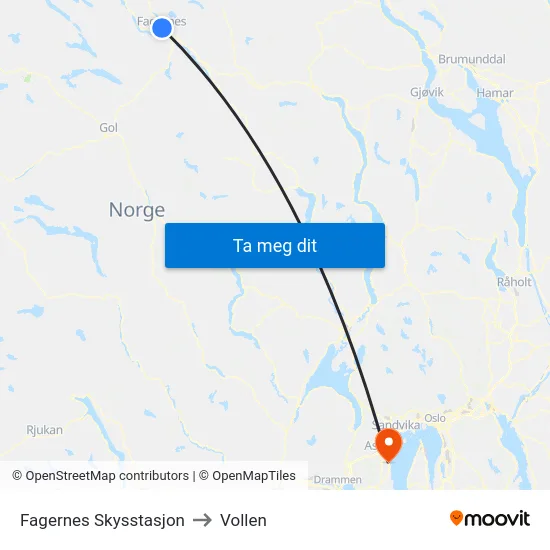 Fagernes Skysstasjon to Vollen map