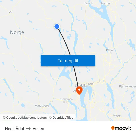 Nes I Ådal to Vollen map